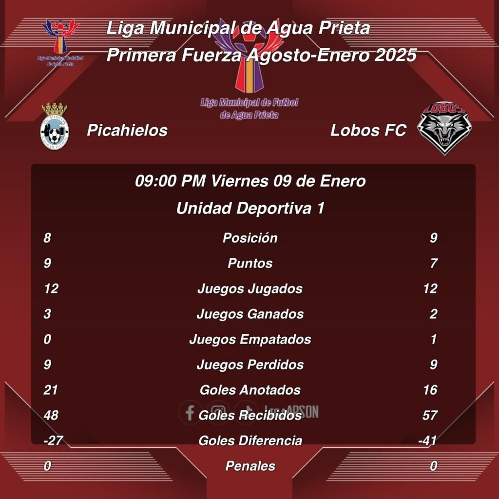 Tabla de posiciones Picahielos vs Lobos FC Primera Fuerza